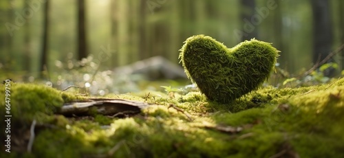 Closeup of wooden heart on moss. Natural burial grave in the woods.