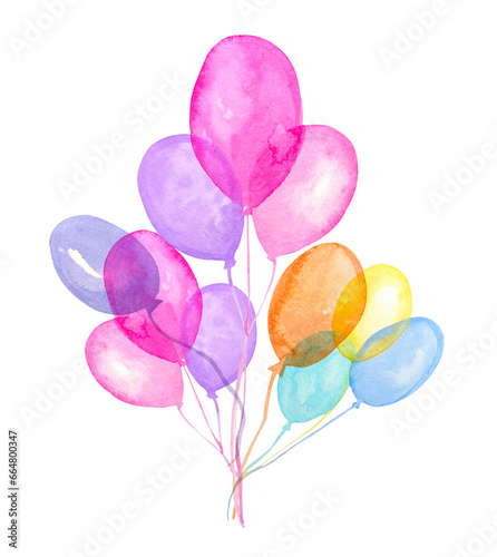 Watercolor air balloons. Hand drawn  pink, blue, purple, orange balloons isolated on white background.