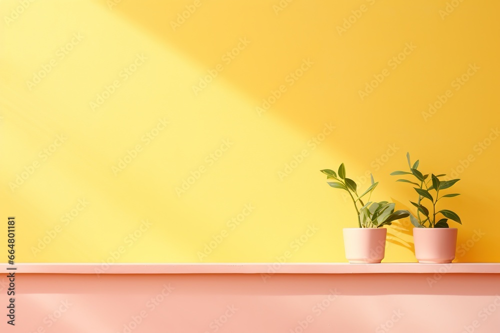 Decorative green plant in a pink pot against a yellow wall. Minimalistic design, space for text.