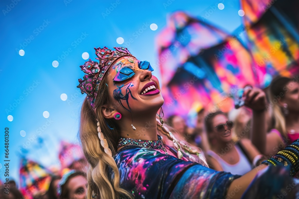 A girl at a rave party dances in a crazy bright costume. Festival, concert, many cheerful people, colors of Holi. A girl at a rave party dances in a crazy bright costume. Festival, concert, many cheerful people, colors of Holi.