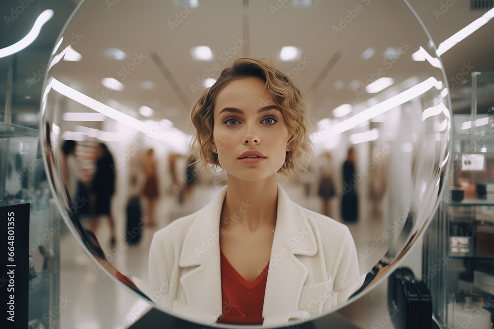 A positive European young woman in a white blouse looks at herself in the mirror in a supermarket in the cosmetics and perfumery department against the background of counters and display cases. - obrazy, fototapety, plakaty 