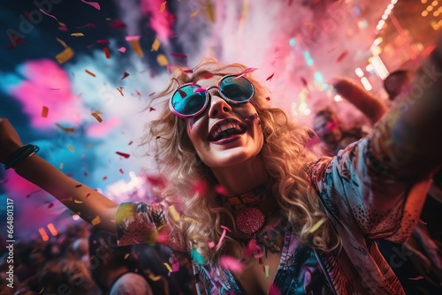 A girl at a rave party dances in a crazy bright costume. Festival, concert, many cheerful people, colors of Holi. photo