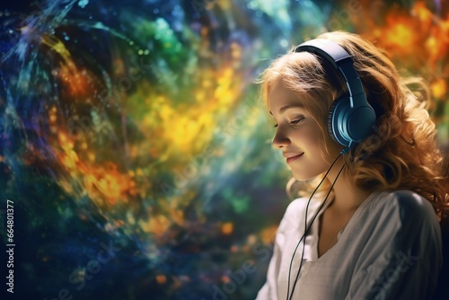 A young girl with stereophonic headphones. Romantic happy face. Multicolored abstract patterns and shapes on the background, illusion of a dream.