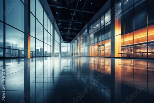 Interior of a minimalist office, deserted hall of an airport terminal. Glass walls, blue and orange neon lighting. Ultra modern city background.