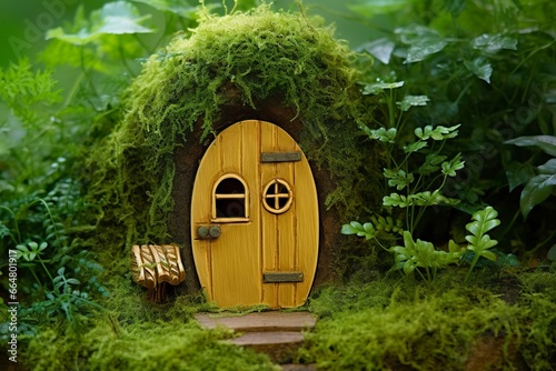 Little magic wooden fairy doors and plants leave on a mossy natural green background.