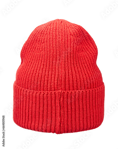 Beautiful knitted winter hat in bright red color made of wool yarn, isolated on a white background. Rear view.