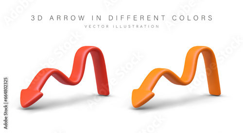 Flexible arrows in plasticine style. Set of colored vector images. Downward movement, decline, weakening. Red and orange direction sign. Illustrations on white background