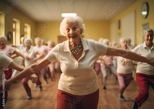 Senior group doing exercise in gym. Elderly women having physiotherapy class. Generative AI
