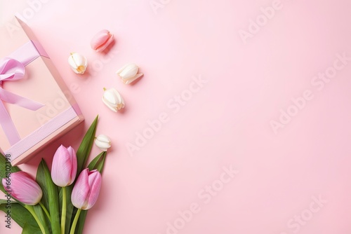 Pink gift box with ribbon bow and bouquet of tulips on isolated pastel pink background.