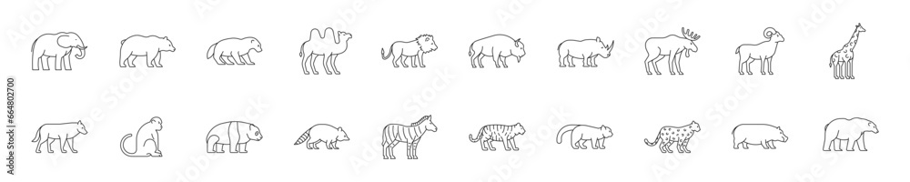 Set of icons with wild animals in linear style. Vector illustration.