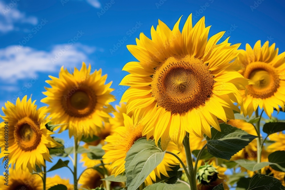 Sunflowers turning toward the sun in the soft morning light. Sunflowers turning toward the sun in the soft morning light.