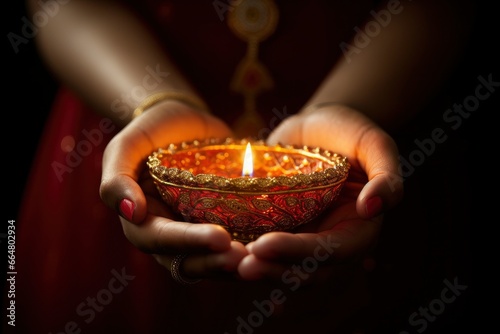 Beautiful hands holding Diwali lamps traditionally.