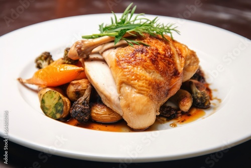 Plated chicken roast dinner on a white plate with carrot and morel mushroom.