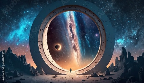 Portal to another world. Futuristic cosmic landscape with circle tunnel in starry sky.