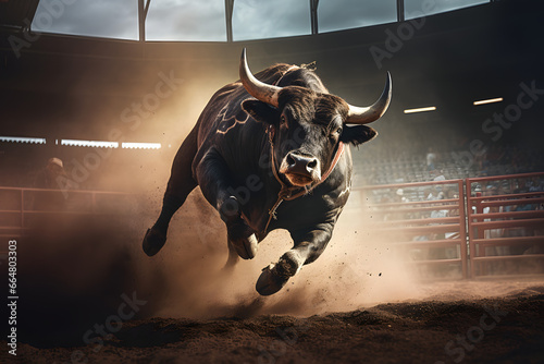 A professional bull rider braving the intense power
