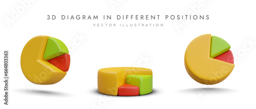 3d diagram in different positions. Pie chart with tick marks in yellow, green and red colors. Concept of sale. Vector illustration in 3d style with place for text
