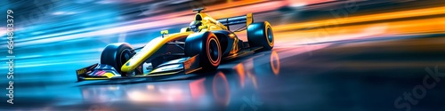 Racing car at high speed. Racer on a racing car passes the track. Motor sports competitive team racing. Motion blur background. photo