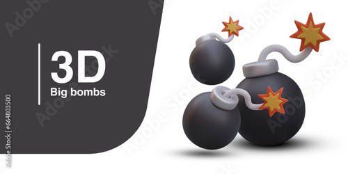 Big bomb concept. Cannonball with burning cord. Black round bomb with shadow. 3D illustration on white background. Vector template for game site, application
