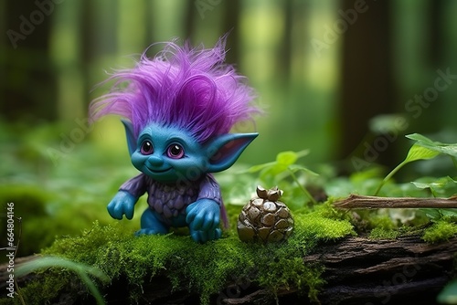Tale troll with crystals in the forest, natural green background.