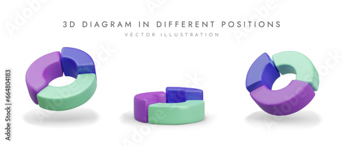 3d colorful diagram in different positions. Poster with charts in blue, purple and green colors with place for text. Concept of sale. Vector illustration in 3d style
