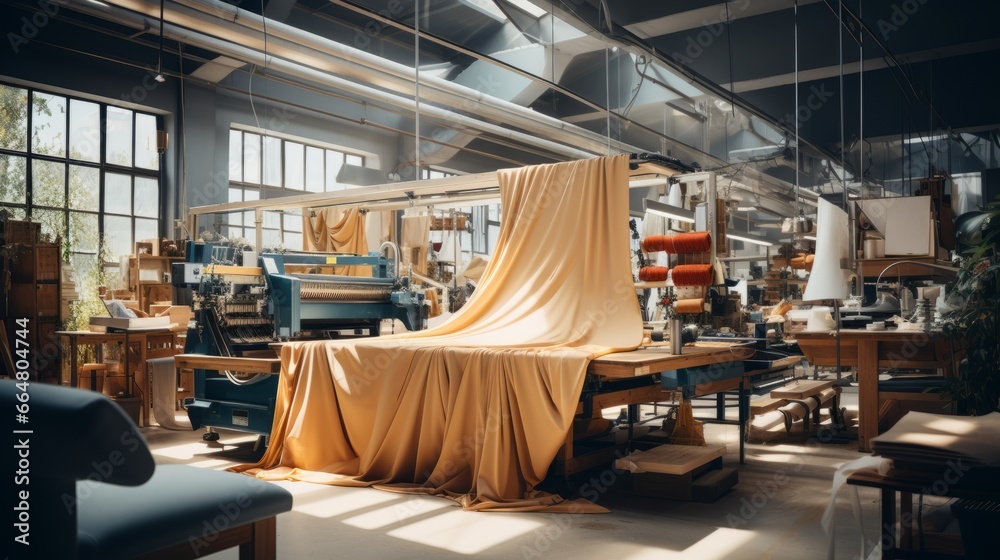 Textile industrial sewing machines at work in a factory, weaving a fabric manufacturing plant - obrazy, fototapety, plakaty 