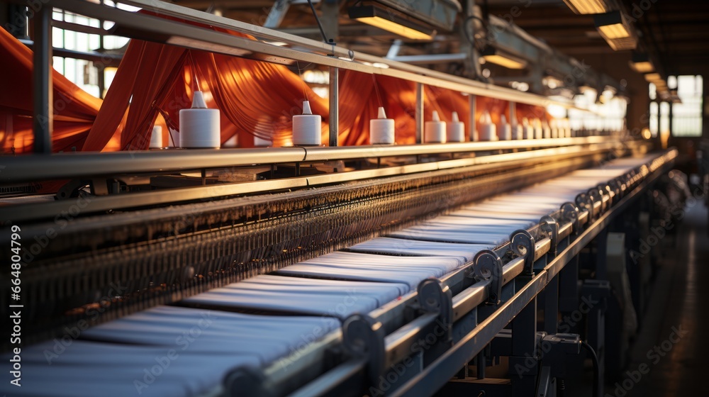 Textile industrial sewing machines at work in a factory, weaving a fabric manufacturing plant