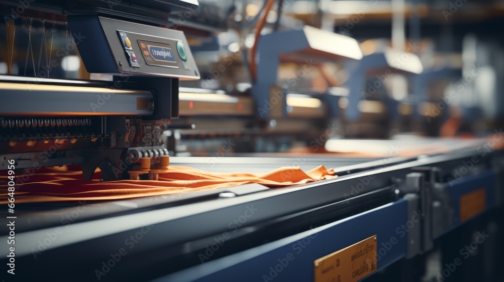 Textile industrial sewing machines at work in a factory, weaving a fabric manufacturing plant Textile industrial sewing machines at work in a factory, weaving a fabric manufacturing plant
