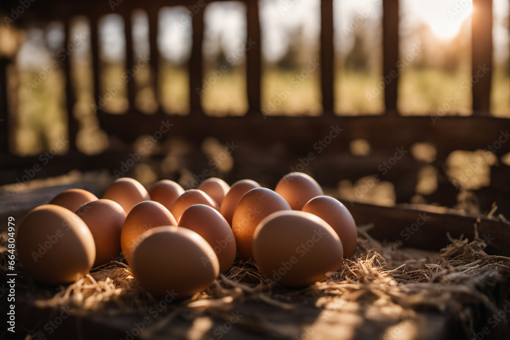 Several eggs were laid in the coop, warm lights shone in the morning - obrazy, fototapety, plakaty 