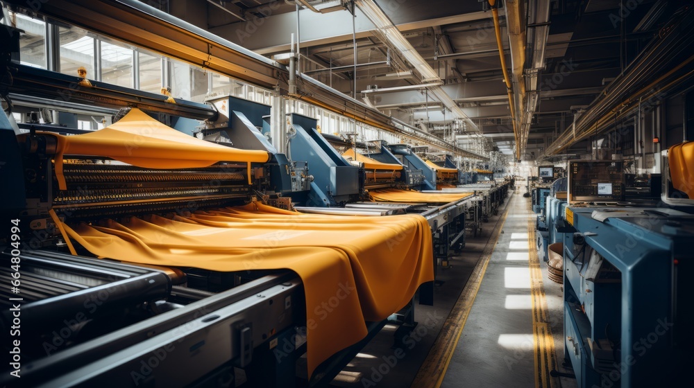 Textile industrial sewing machines at work in a factory, weaving a fabric manufacturing plant Textile industrial sewing machines at work in a factory, weaving a fabric manufacturing plant