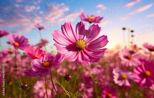 A cosmos flower face to sunrise in field.