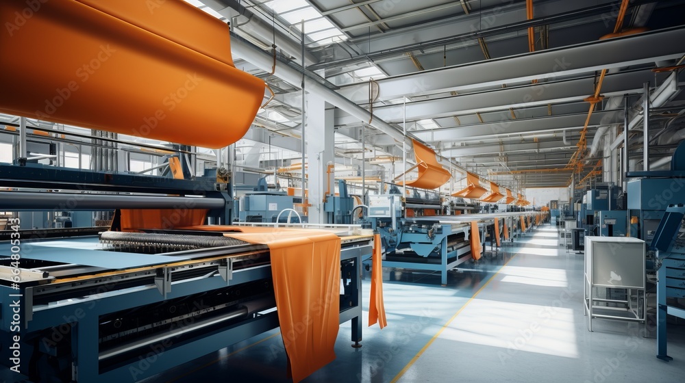 Obraz premium Textile industrial sewing machines at work in a factory, weaving a fabric manufacturing plant