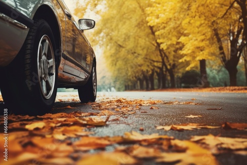 Car on asphalt road on an autumn day at the park. © Mehdi