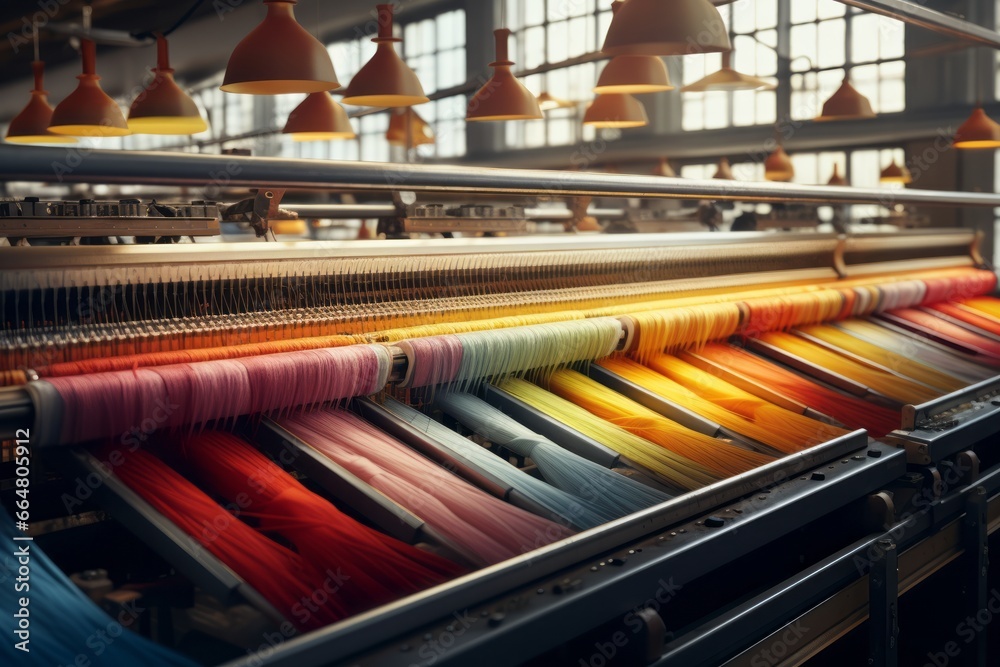 Textile industrial sewing machines at work in a factory, weaving a fabric manufacturing plant