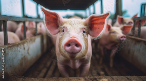 Cochon dans son enclos à la ferme, focus sur un animal avec d'autres cochons dans le fond. © MATTHIEU