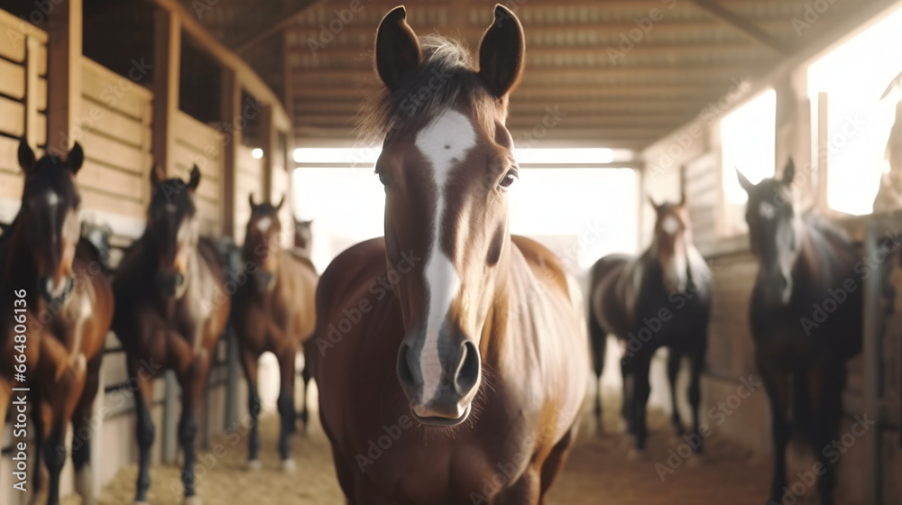 Cheval dans son écurie à la ferme, focus sur un animal avec d'autres chevaux dans le fond. - obrazy, fototapety, plakaty 