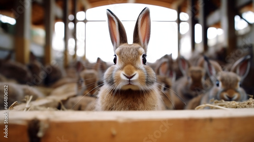 Lapin dans son clapier à la ferme, focus sur un animal avec d'autres lapins dans le fond. photo