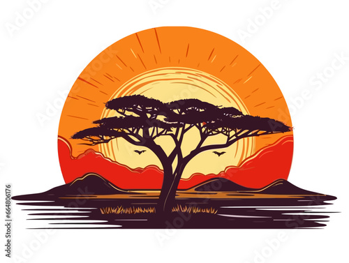 Doodle African sunrise or sunset, cartoon sticker, sketch, vector, Illustration, minimalistic