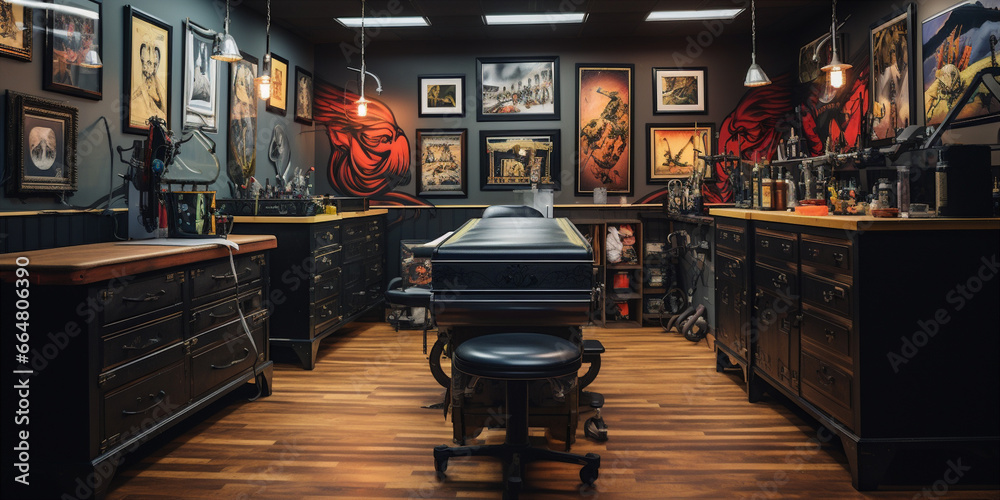 interior of tattoo studio - obrazy, fototapety, plakaty 
