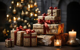 stos prezentów ułożonych pod choinką świąteczną