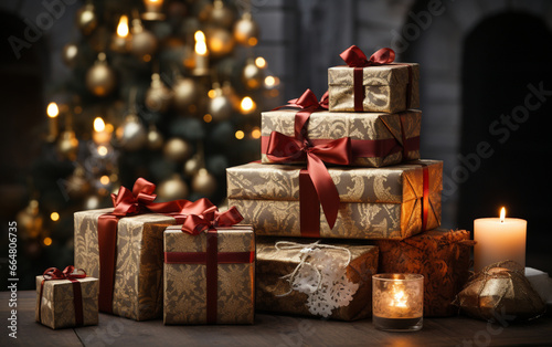 stos prezentów ułożonych pod choinką świąteczną