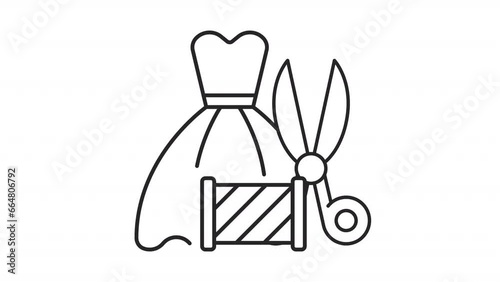 2D black simple thin line animation of wedding gown alteration icon, HD video with transparent background, seamless loop 4K video representing clothing alteration.
