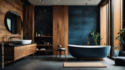 Comfortable bathtub and vanity with basin standing in modern bathroom black blue and wooden walls and concrete floor. Side view. photo