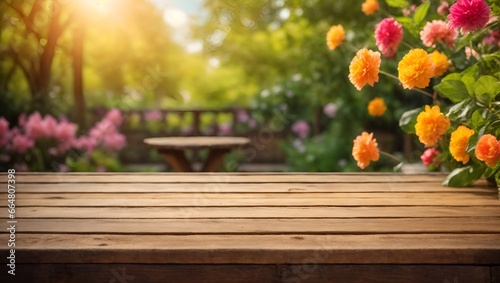 wooden product display platform against a green natural garden. Mock up template for product presentation. 3D rendering. copy text space