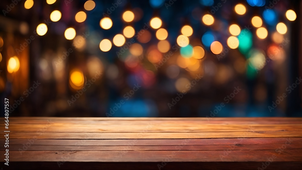 wooden product display platform against a bokeh lights background. Mock up template for product presentation. 3D rendering. copy text space