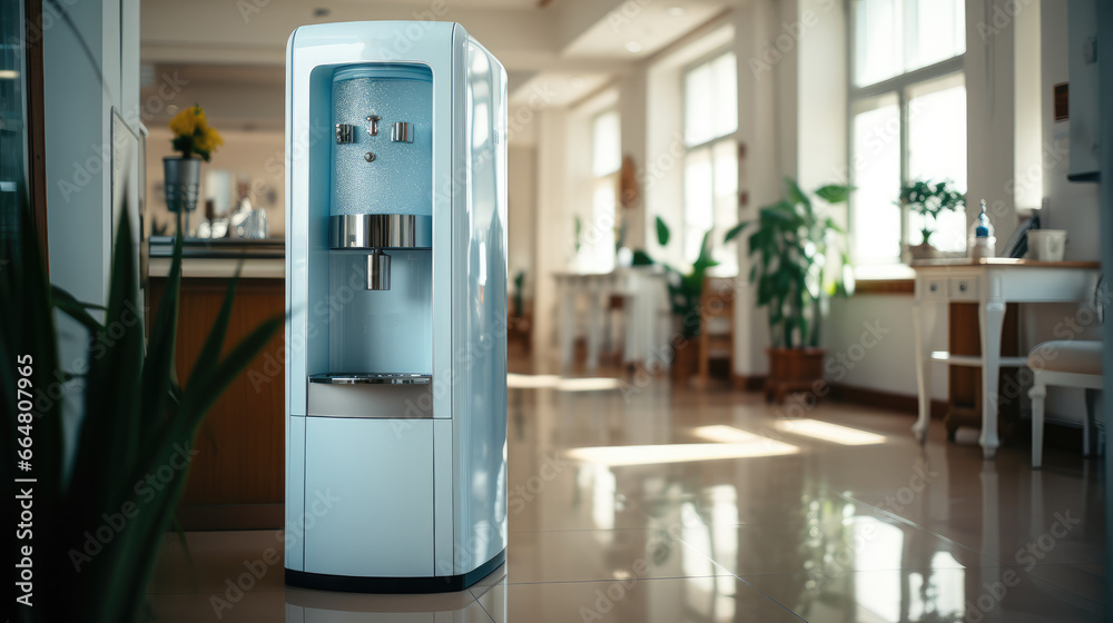 A small blue water dispenser sitting next to a cabinet in home. - obrazy, fototapety, plakaty 