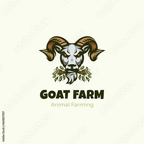 Livestock Goat farm character logo design with goats eat grass graphic element symbol for goat farming logo template