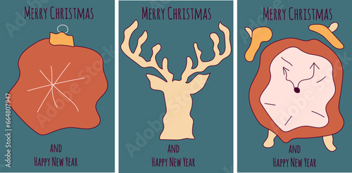 Set Apricot crush Christmas card cover trendy Retro doodle style. Hand drawing Nostalgic Design xmas poster, banner, card template with reindeer, clock, ball. Celebration Vector illustration.