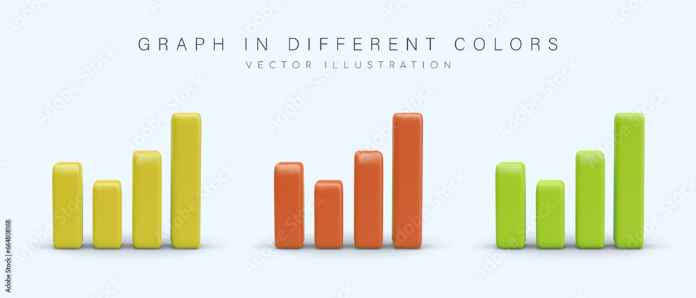 Fototapeta premium Bar chart in 3D style. Set of images in different colors. Dynamics of development, plan, reporting. Design for analytics, statistical reporting. Vector illustration