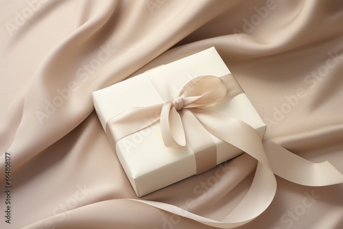 Minimalist modern looking gift box tied on smooth beige background