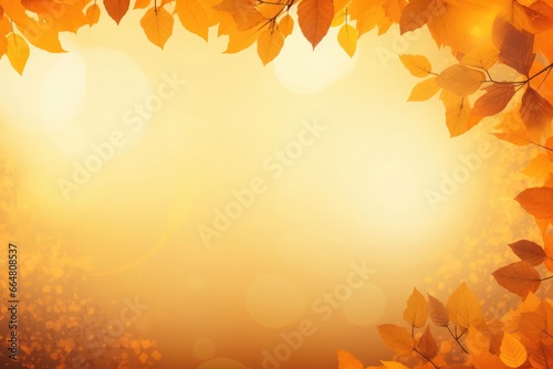 Tree maple leaves like a frame for copy space on a blurred orange and yellow background.